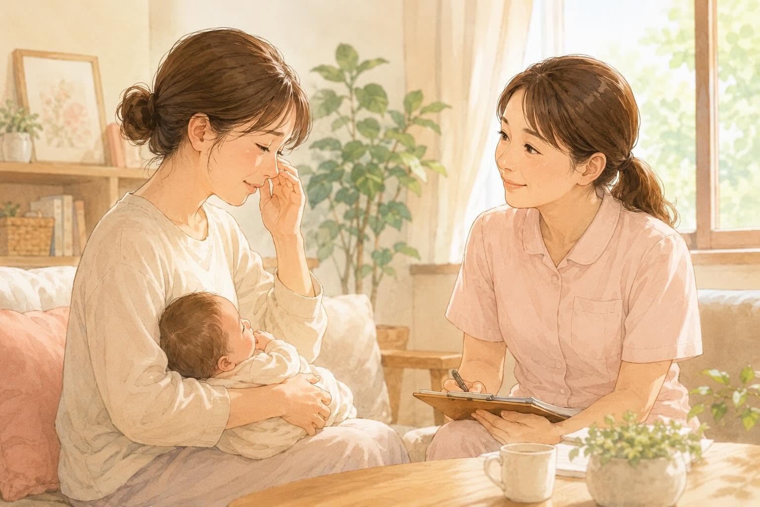 赤ちゃんを抱きながら助産師に相談するお母さん
